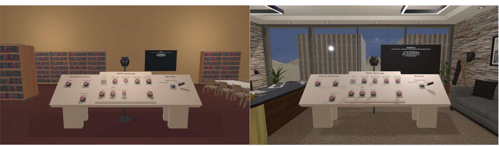 Two virtual rooms, each with a control table of dials in the
middle