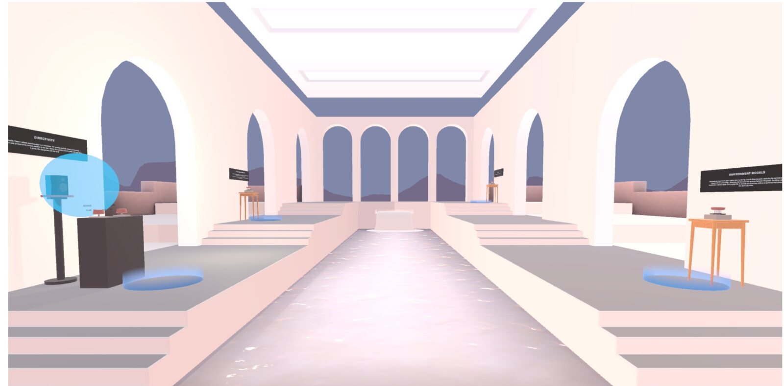 A stylised virtual gallery with archways, plinths and information
panels
